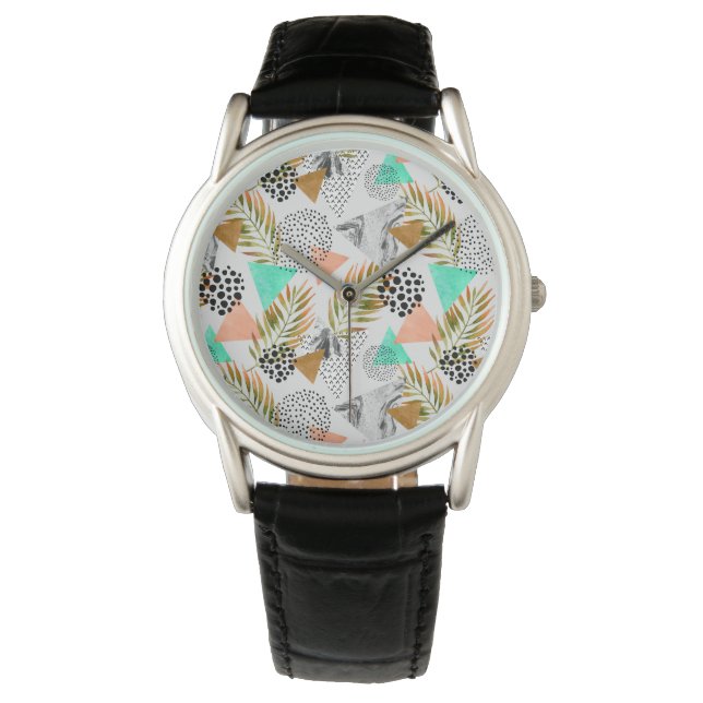 Abstrakt Geometric Tropical Löv Mönster Armbandsur (Framsida)