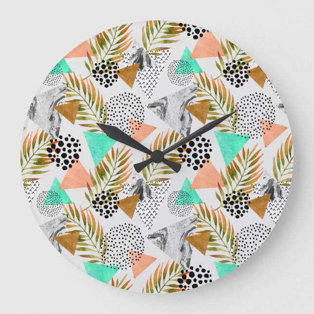 Abstrakt Geometric Tropical Löv Mönster Stor Klocka (Framsida)