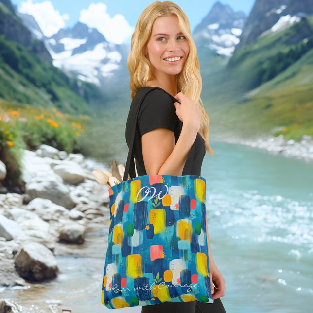 Abstrakt Geometrisk Blå Gul Design Tote Tygkasse (Skapare uppladdad)