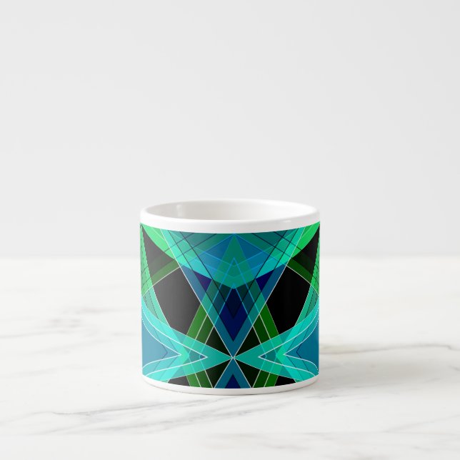 Abstrakt, geometrisk, grön, blå, svart espressomugg (Framsidan)