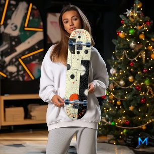 Abstrakt Geometrisk Krämfärgad och Orange Skateboa Mini Skateboard Bräda 18,5 Cm