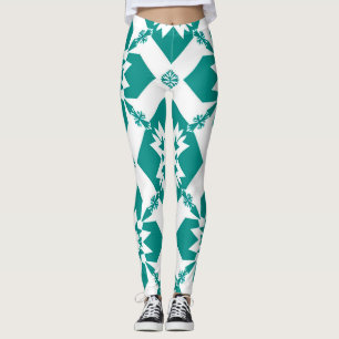 Abstrakt geometrisk mönster i vitt och grönt leggings