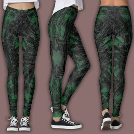 Abstrakt geometrisk mönster | Svart och djupgrön Leggings