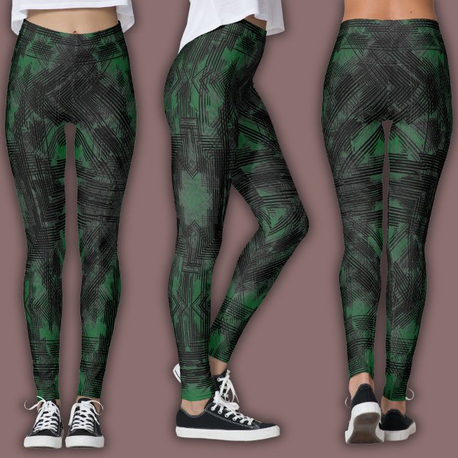 Abstrakt geometrisk mönster | Svart och djupgrön Leggings (Skapare uppladdad)
