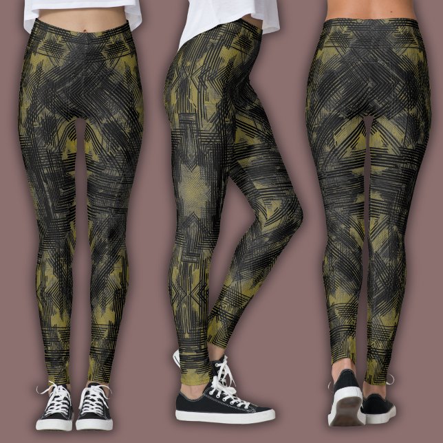 Abstrakt geometrisk mönster | Svart och ockra Leggings (Skapare uppladdad)