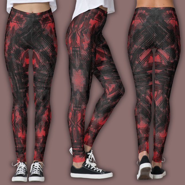 Abstrakt geometrisk mönster | Svart och Röd Leggings (Skapare uppladdad)