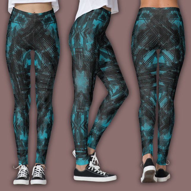 Abstrakt geometrisk mönster | Svart och teal Leggings (Skapare uppladdad)