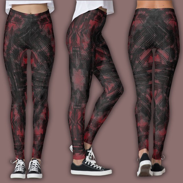 Abstrakt geometrisk mönster | Svart och tegel Leggings (Skapare uppladdad)