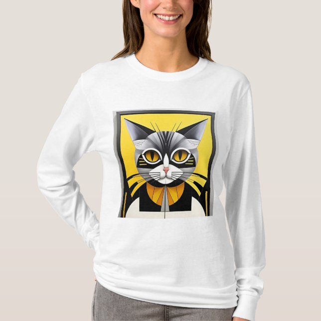 Abstrakt Geometrisk Stiliserad Katt T Shirt (Framsida)