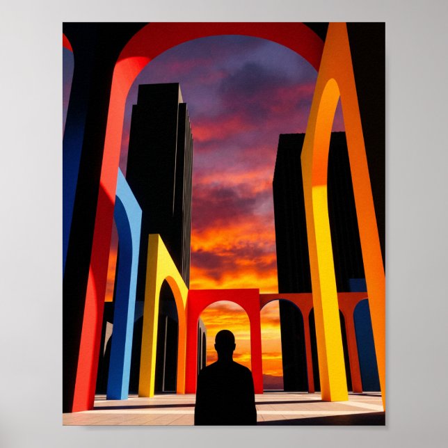 "Abstrakt geometrisk valv stads siluett vid solned Poster (Framsidan)