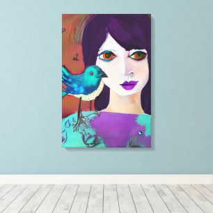 Abstrakt Girl and Bird Lila and Teal Canvastryck