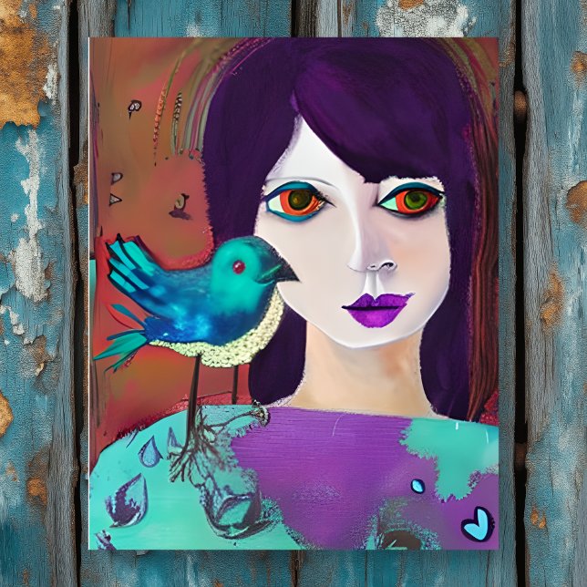 Abstrakt Girl and Bird Lila and Teal Poster (Skapare uppladdad)