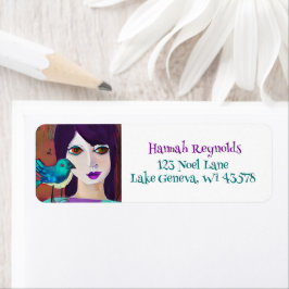 Abstrakt Girl and Bird Lila and Teal Returadress Etikett