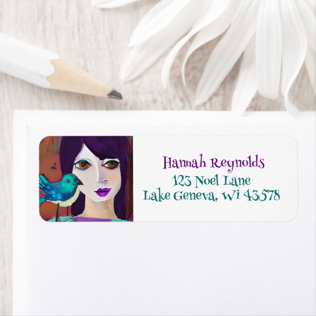 Abstrakt Girl and Bird Lila and Teal Returadress Etikett (Insitu)