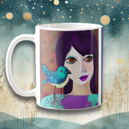 Abstrakt Girl & Bird Lila and Teal Personlig Kaffemugg