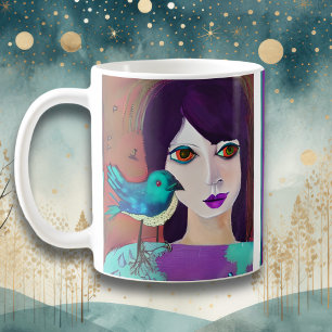 Abstrakt Girl & Bird Lila and Teal Personlig Kaffemugg