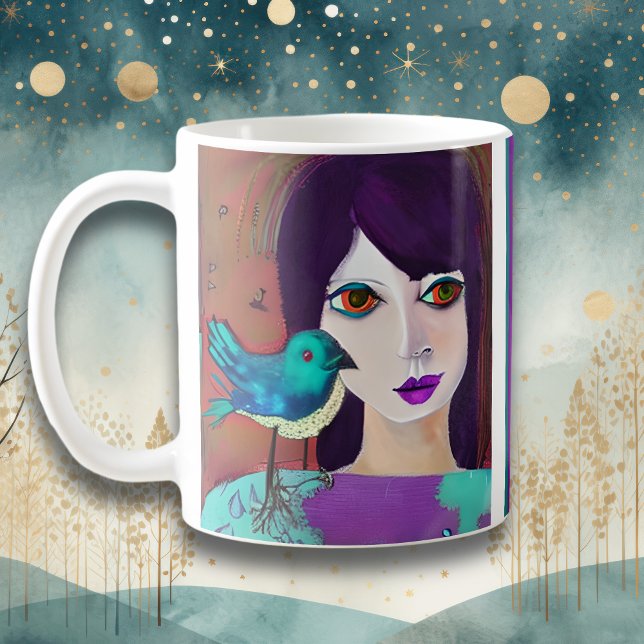 Abstrakt Girl & Bird Lila and Teal Personlig Kaffemugg (Skapare uppladdad)