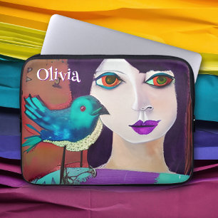 Abstrakt Girl & Bird Lila and Teal Personlig Laptop Fodral