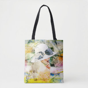 Abstrakt Girl White Hat Bow Ribbon Fält Lip Mouth Tygkasse