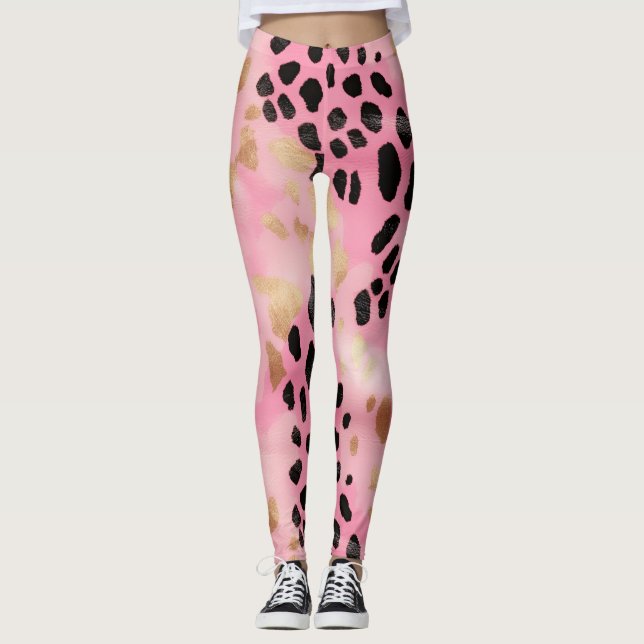 Abstrakt Girly Glam Rosa Guld Black Leopard Skriv  Leggings (Framsida)