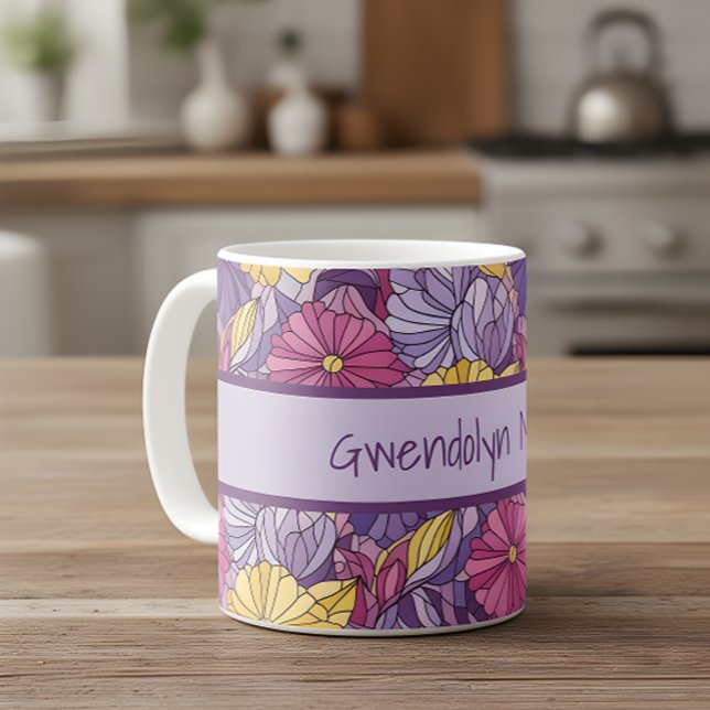 Abstrakt glasfärg lila gul rosa kaffemugg (Skapare uppladdad)