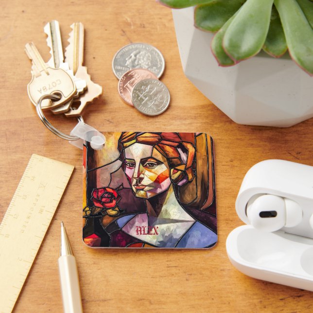 Abstrakt Glasfärgad kvinna Porträtt med Ro Nyckelring (Skrivbord)