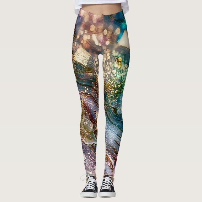 Abstrakt Glitter och Marmor Rosa och Blå Leggings (Framsida)