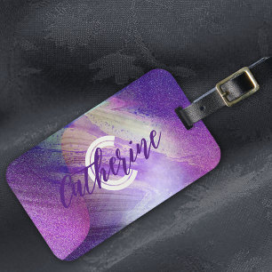 Abstrakt Glittering Neon Magenta Namn & Initial Bagagebricka