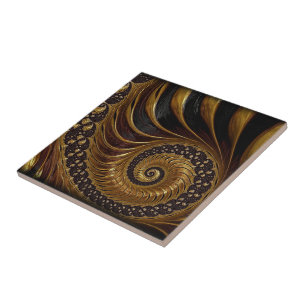 Abstrakt Golden Fractal - Svart och Guld Kakelplatta