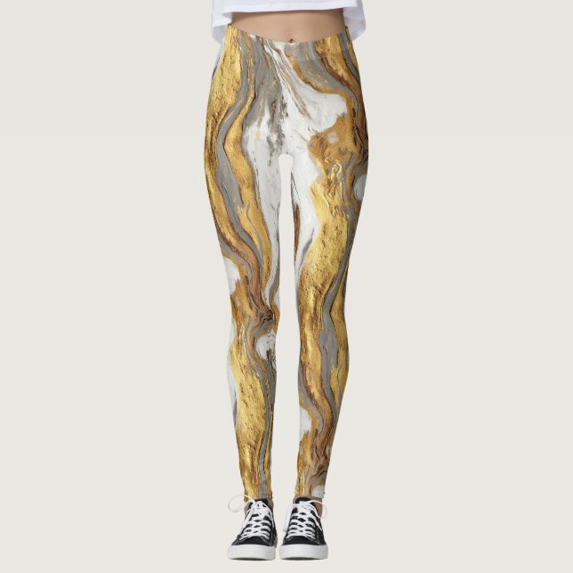 Abstrakt grå marmortextur med flödande guld leggings (Framsida)
