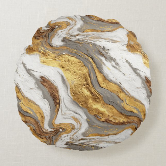 Abstrakt grå marmortextur med flödande guld rund kudde (Framsidan)