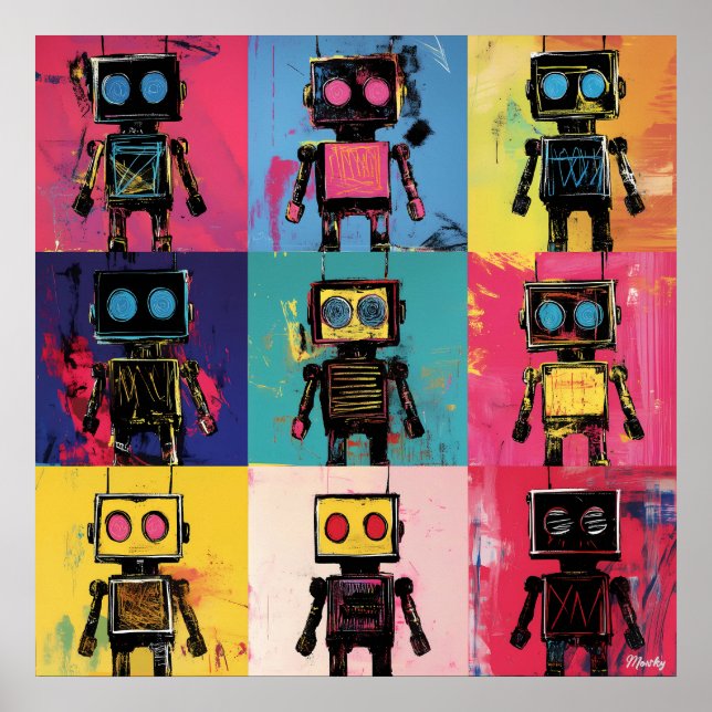 Abstrakt graffiti robotkonst rutnät Djärva färger  Poster (Framsidan)