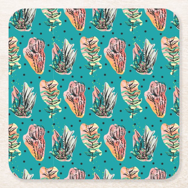 Abstrakt Graphic Cactus Succult Mönster Underlägg Papper Kvadrat (Framsidan)