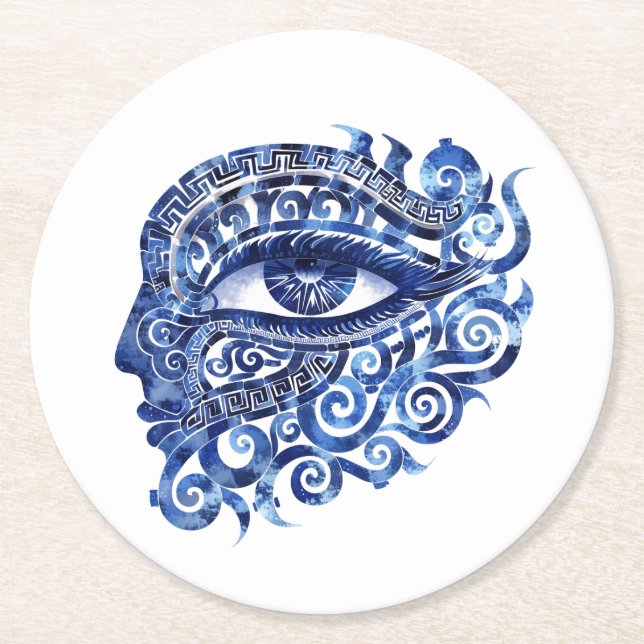 Abstrakt grekiska Evil Öga med grekiska Nyckel Underlägg Papper Rund (Framsidan)