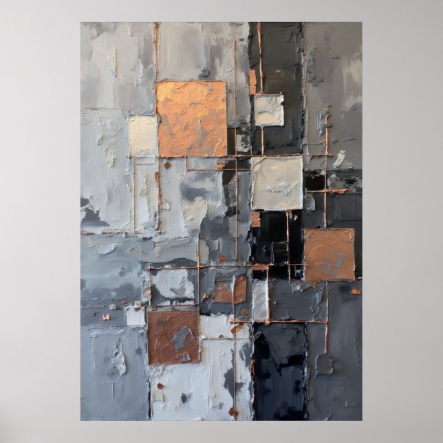 Abstrakt Grid Mosaik Grå Brons Impasto Konst Poste Poster (Framsidan)