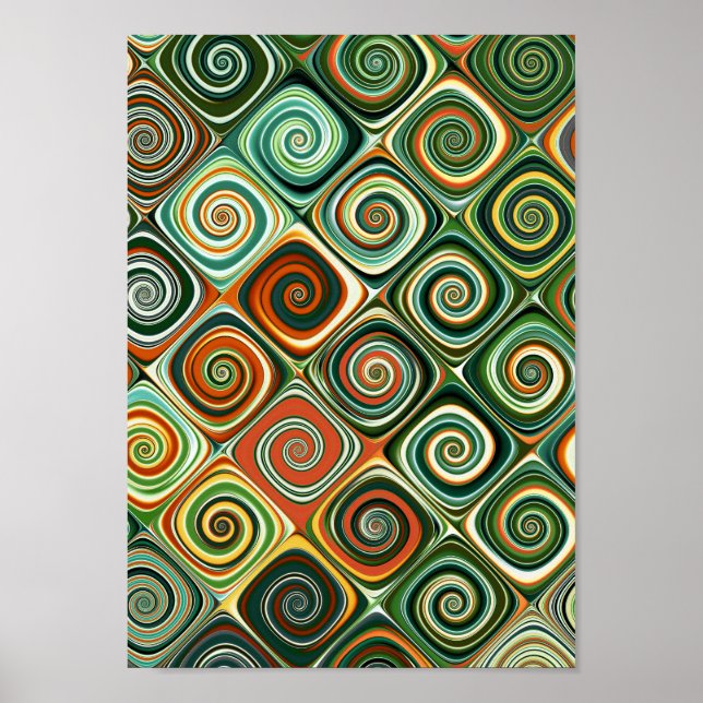 Abstrakt grön och orange geometrisk spiral schackr poster (Framsidan)