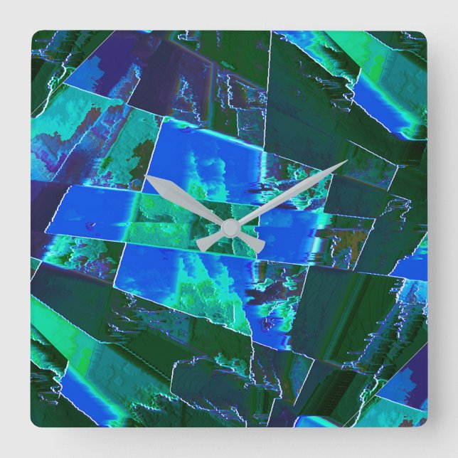 Abstrakt grönt, betesdelar och blå himmel, notade fyrkantig klocka (Framsida)