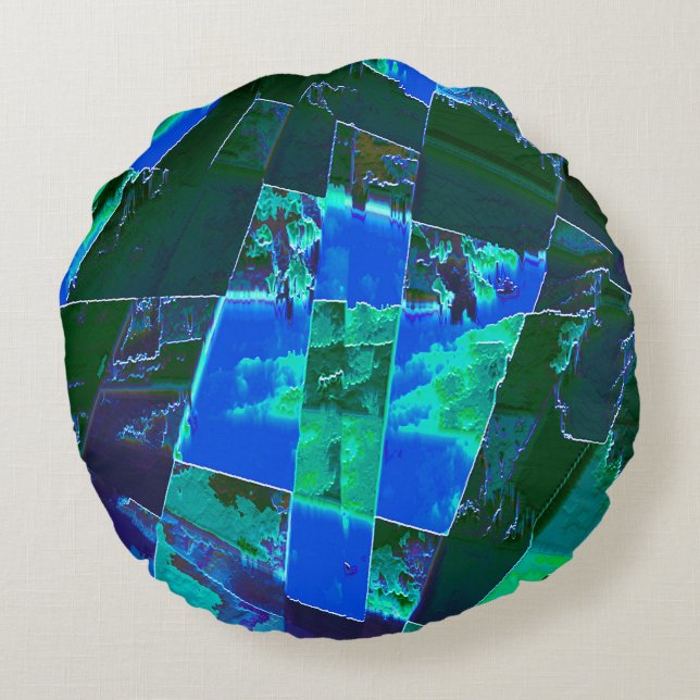 Abstrakt grönt, betesdelar och blå himmel, notade rund kudde (Baksidan)