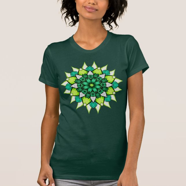 Abstrakt Grönt Boho Blommigt Mandala T Shirt (Framsida)