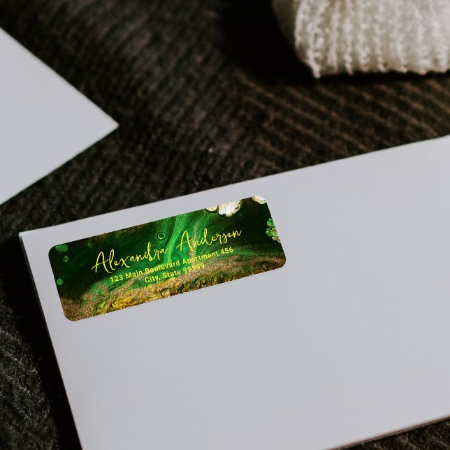 Abstrakt Grönt för fluidfärgning Faux Guld Metalli Returadress Etikett (Skapare uppladdad)