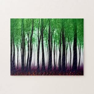 Abstrakt Grönt Forest with Red Bloom Flowers Pussel