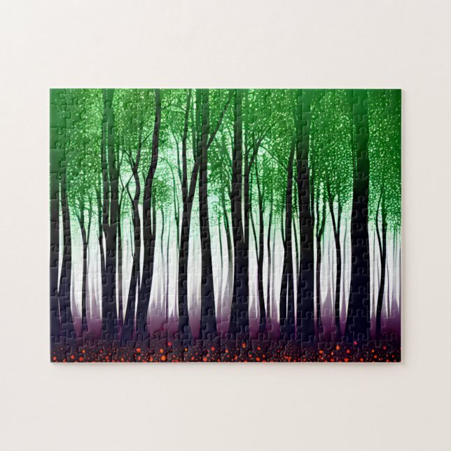 Abstrakt Grönt Forest with Red Bloom Flowers Pussel (Horisontell)