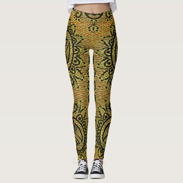 Abstrakt Grönt, gult Paisley mönster Leggings (Framsida)