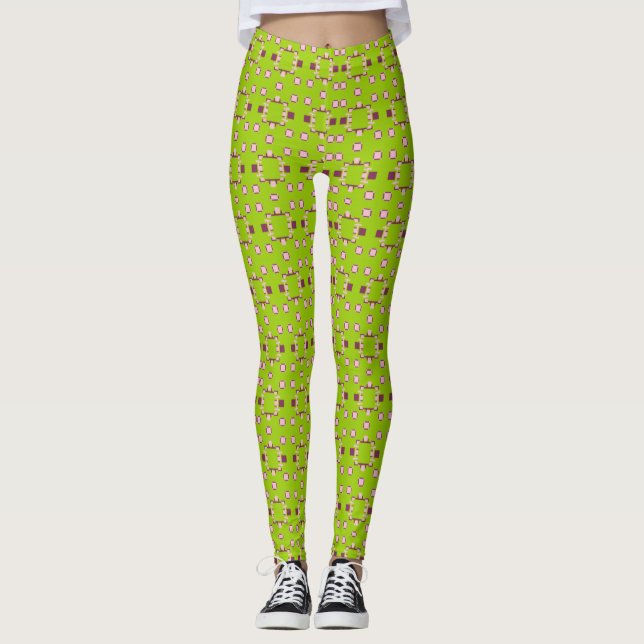 Abstrakt Grönt och Rosa Mönster med kvadrater Leggings (Framsida)