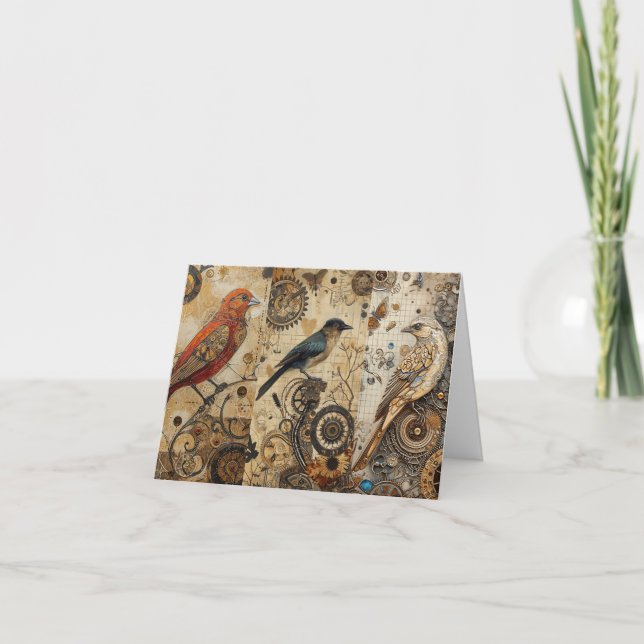 Abstrakt Grunge Birds Collage Blank Note Card Helgkort (Framsida)