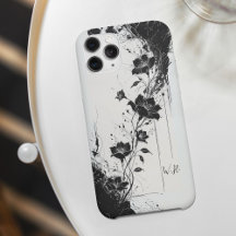 Abstrakt Grunge Flowers Black White Monogram