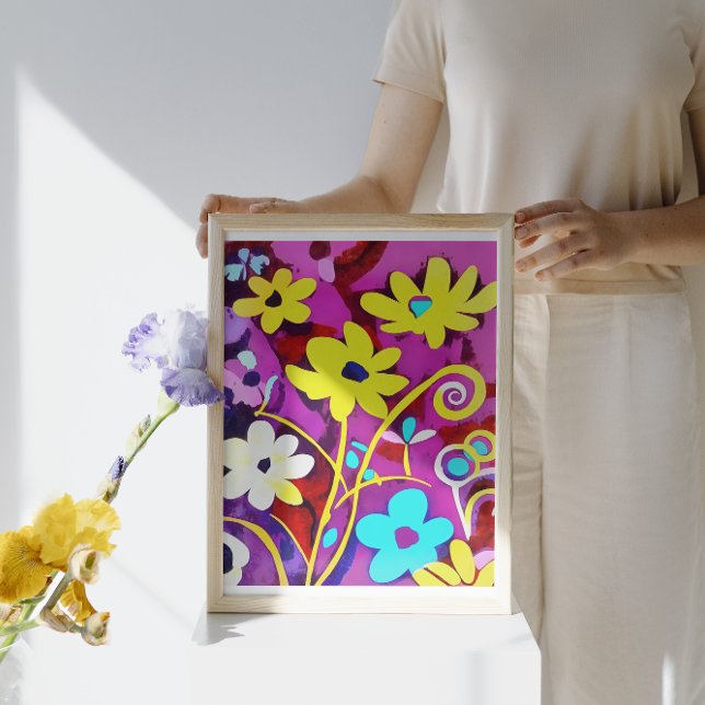 Abstrakt Gula blommor On Viva Magenta Canvastryck (Skapare uppladdad)