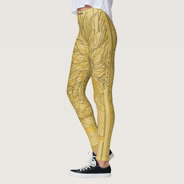 Abstrakt Guld Beige Blommigt Leggings (Vänster)