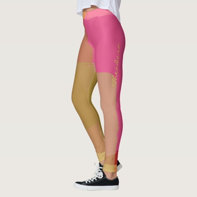 Abstrakt Guld Beige Rosa Mönster Leggings (Vänster)