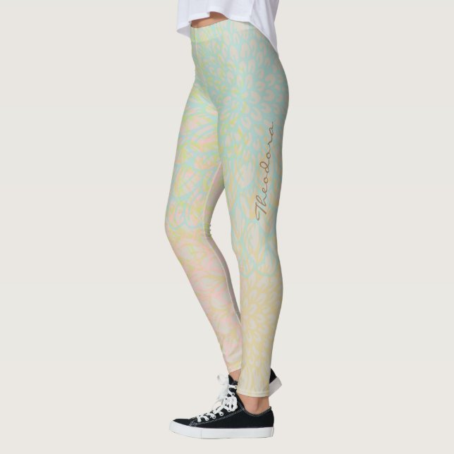 Abstrakt Guld Blue Blommigt Leggings (Vänster)